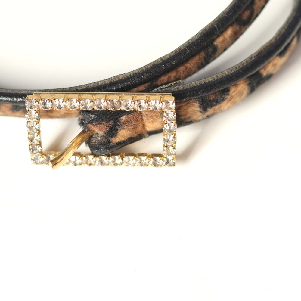 Animal Print  and Black Skinny Belt Faux Calf Hair Leather w/Rhinestone Buckle